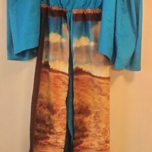 Vibrant Teal and Earthy Print off The Shoulder Jumpsuit